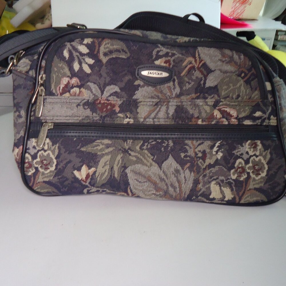 Vintage Jaguar Floral Tapestry Luggage Bag Carry On Overnight Soft Case 15"x9"x6